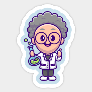 Cute Male Scientist Holding Chemical Liquid Tube Cartoon Sticker